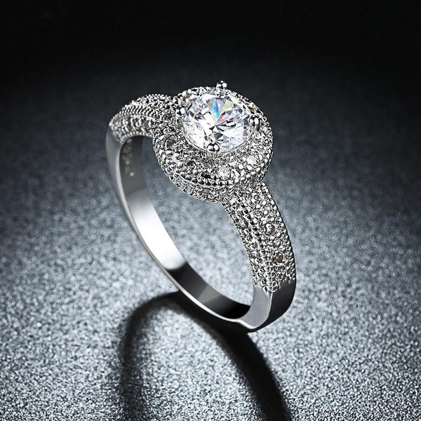 3.50 CTTW Single Crystal Swarovski Elements Pav'e Halo Ring in 18K White Gold Plating