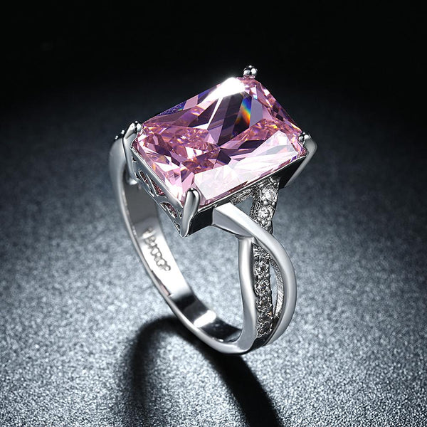 Emerald Cut Pink Crystal Swirl Ring Set in 18K White Gold Plating Made with Swarovski Elements