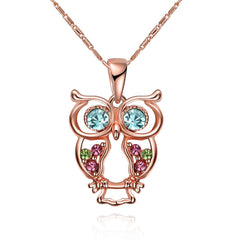 Owl Rainbow Swarovski Elements Necklace in 14K Rose Gold