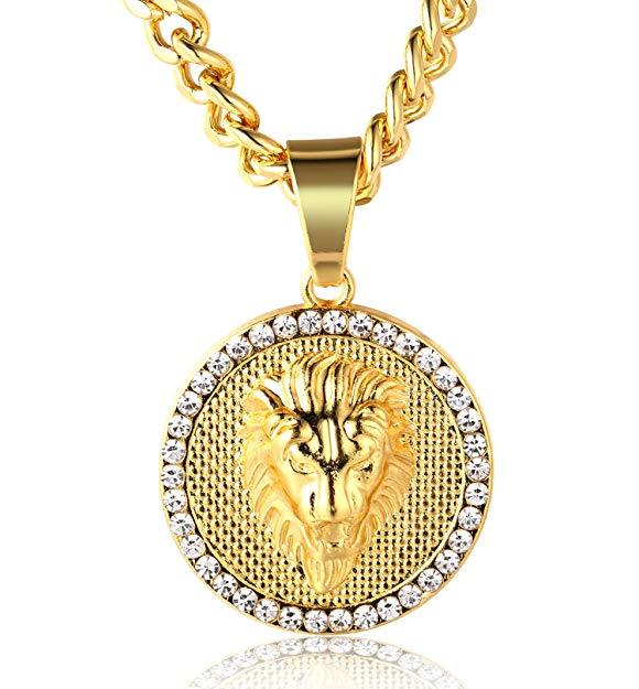 Pave King of the Jungle Lion Pendant Medallion Necklace in 18K Gold Plated