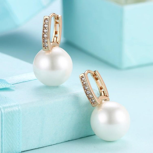 Micro-Pav'e Swarovski Crystal Curved Pearl Huggie Earrings Set in 18K Gold