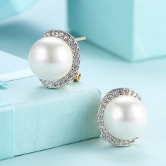 Micro-Pav'e Swarovski Crystal White Pearl Stud Earrings Set in 18K Gold