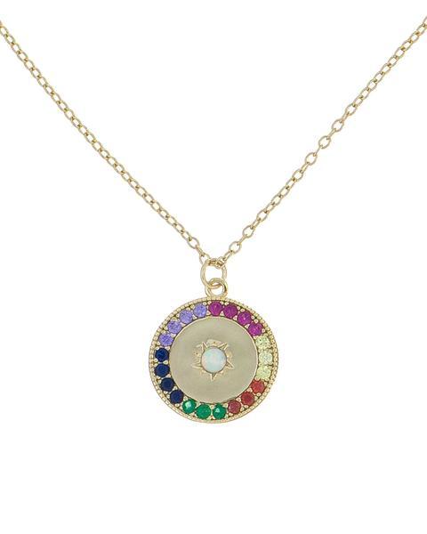 Rainbow Swarovski Elements Ayin Hara Protection Circular Pendant Necklace in 14K Gold