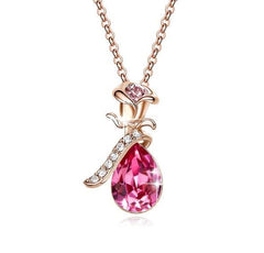 Pink Swarovski Elements Teardrop Pear Cut Pav'e Floral Necklace in 14K Rose Gold