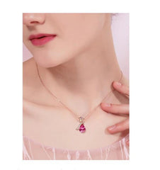 Pink Swarovski Elements Teardrop Pear Cut Pav'e Floral Necklace in 14K Rose Gold