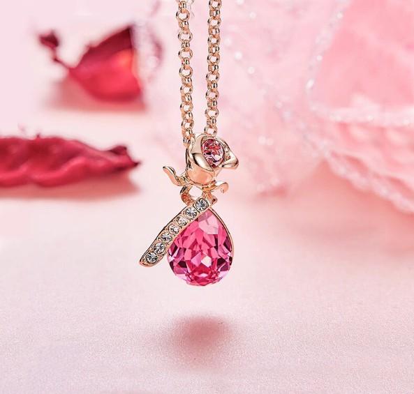 Pink Swarovski Elements Teardrop Pear Cut Pav'e Floral Necklace in 14K Rose Gold