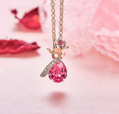 Pink Swarovski Elements Teardrop Pear Cut Pav'e Floral Necklace in 14K Rose Gold