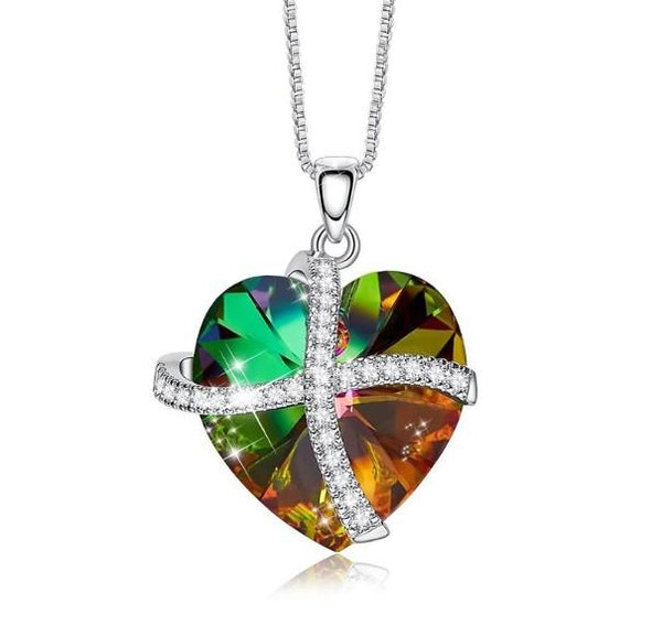 Rainbow Swarovski Sleek Heart Pav'e Lining Necklace in 14K White Gold