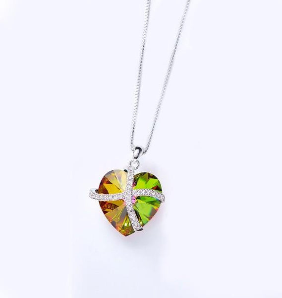 Rainbow Swarovski Sleek Heart Pav'e Lining Necklace in 14K White Gold