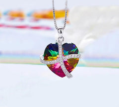 Rainbow Swarovski Sleek Heart Pav'e Lining Necklace in 14K White Gold