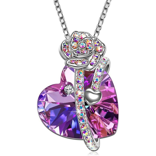 Purple and Pink Swarovski Elements Heart Shaped Necklace in 14K White Gold