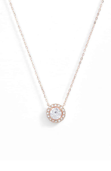 1.00 CT Swarovski Crystal Halo Disc Necklace 18" - 18K Rose Gold Plated