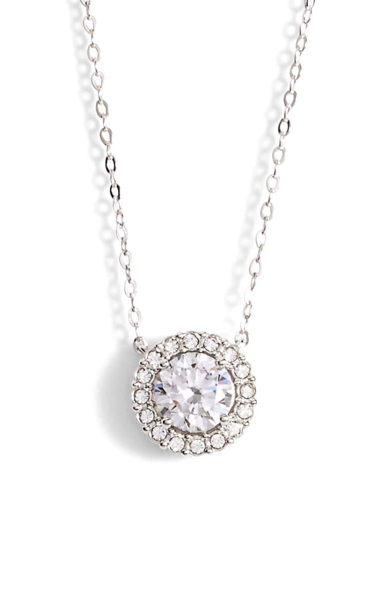 1.00 CT Swarovski Crystal Halo Disc Necklace 18" - 18K White Gold Plated