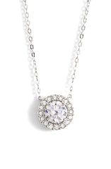 1.00 CT Swarovski Crystal Halo Disc Necklace 18" - 18K White Gold Plated