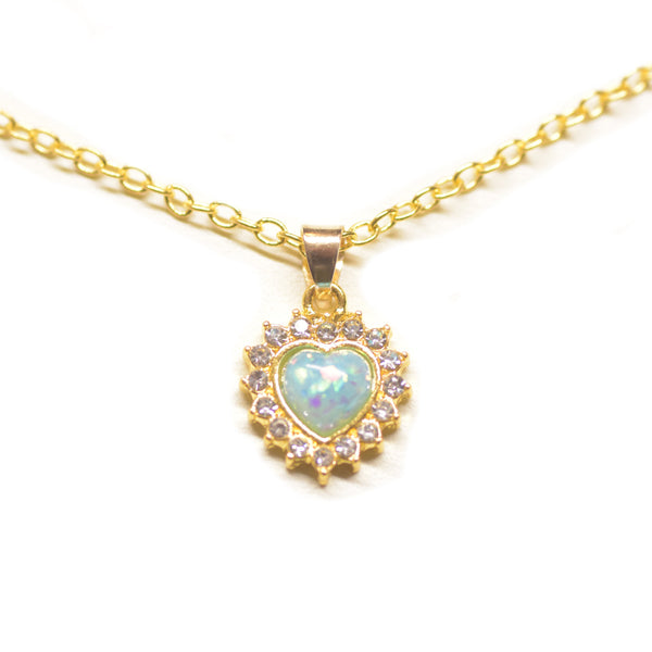 Opal Created Heart Necklace with Swarovski Crystals 18" - 14K Gold Plated