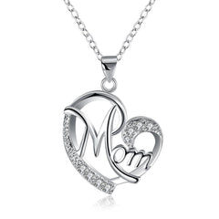 “Mom” Heart Necklace with Swarovski Crystals in 18K White Gold Plated