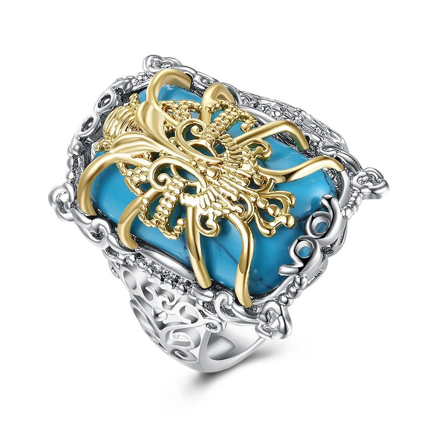 Turquoise Gold Filigree Statement Ring in 14K White Gold