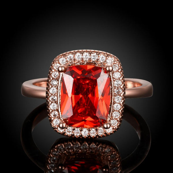 Ruby Emerald Cut 18K Rose Gold Halo Ring