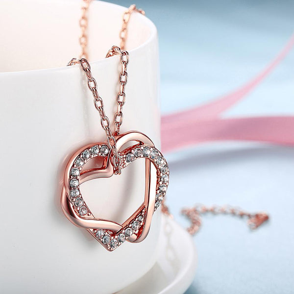 Duo Intertwined Heart Shaped Swarovski Elements Necklace in 14K Rose Gold