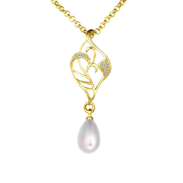 Freshwater Pearl Swarovski Curved Pendant Necklace in 14K Gold
