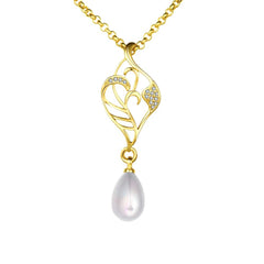 Freshwater Pearl Swarovski Curved Pendant Necklace in 14K Gold