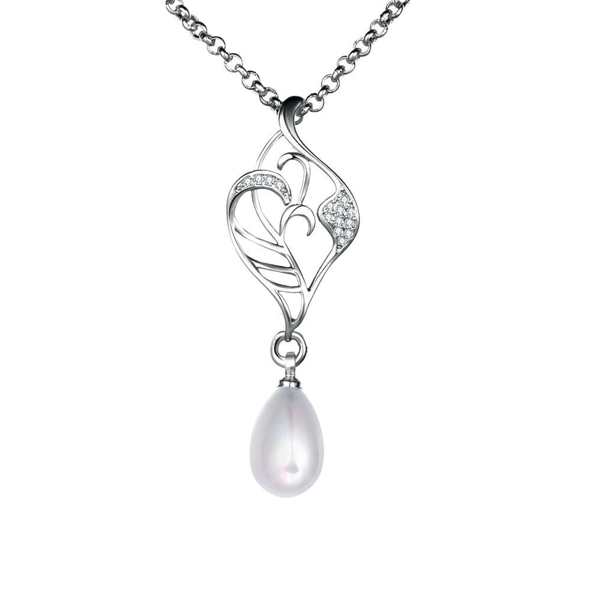Freshwater Pearl Swarovski Curved Pendant Necklace in 18K White Gold