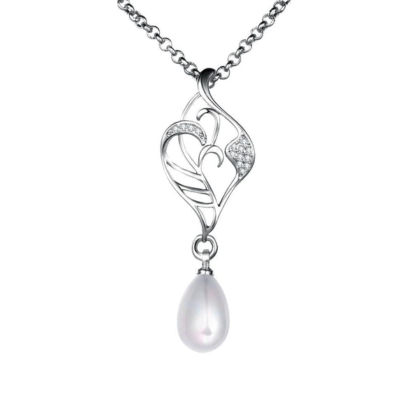 Freshwater Pearl Swarovski Curved Pendant Necklace in 18K White Gold