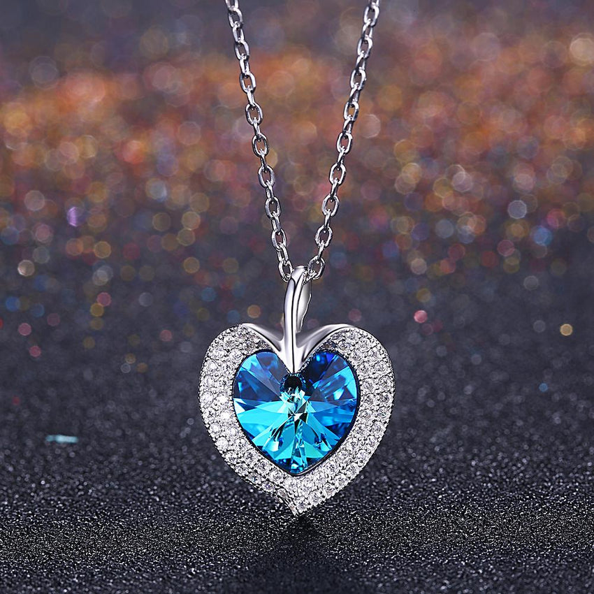 Bermuda Blue Swarovski Crystals Sterling Silver Pave Heart Necklace