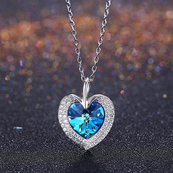 Bermuda Blue Swarovski Crystals Sterling Silver Pave Heart Necklace