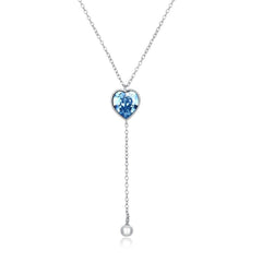 Bermuda Blue Swarovski Crystals Sterling Silver Pave Heart Drop Necklace