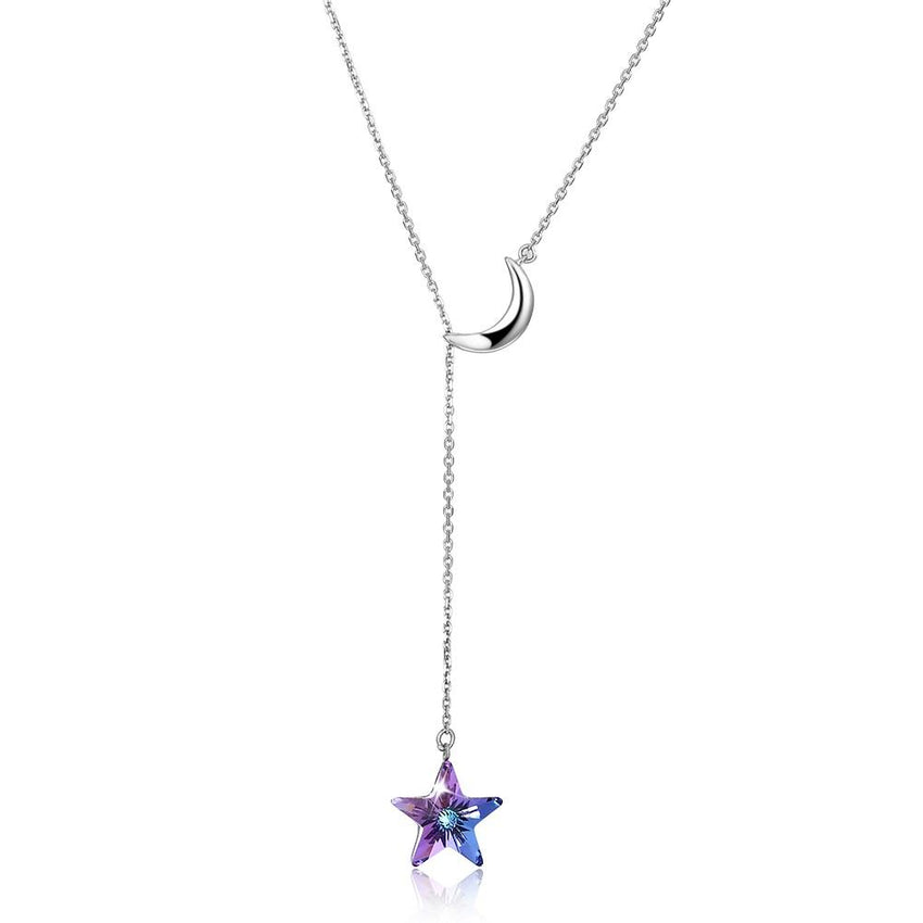 Bermuda Blue Swarovski Crystals Sterling Silver Pave Moon and Star Drop Necklace