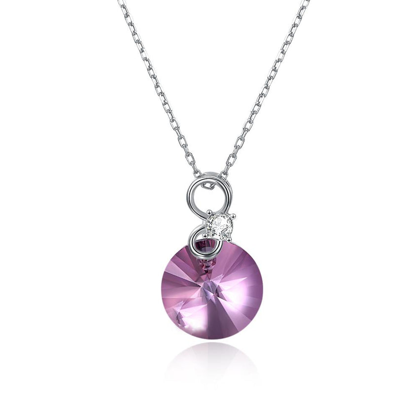 Pink Topaz Disc Sterling Silver Swarovski Crystal Necklace