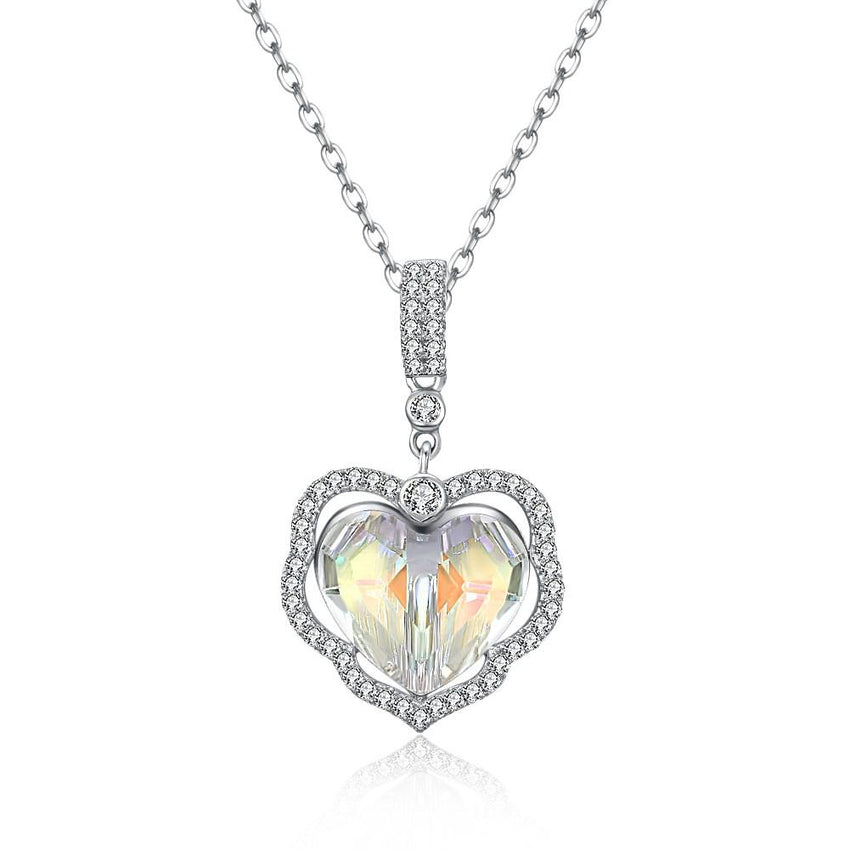 5.00 CT Aurora Borealis Stone Sterling Silver Swarovski Crystal Enchanting Heart Necklace