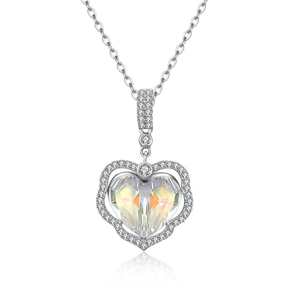 5.00 CT Aurora Borealis Stone Sterling Silver Swarovski Crystal Enchanting Heart Necklace