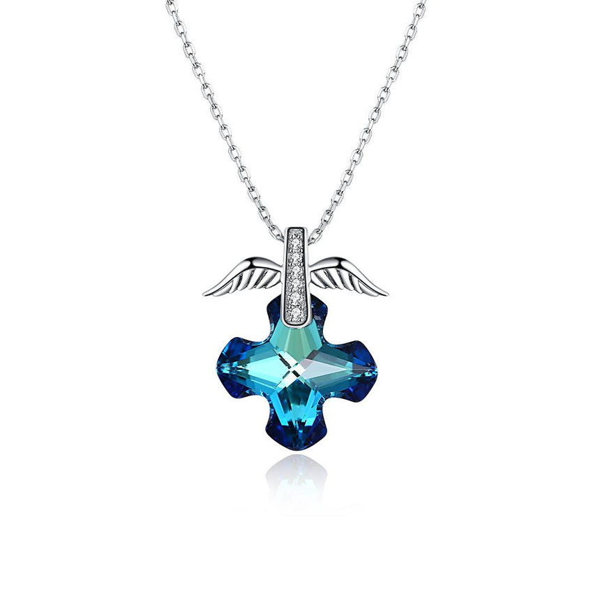 2.00 CT Bermuda Blue Swarovski Crystals Sterling Silver Flying Angel Necklace