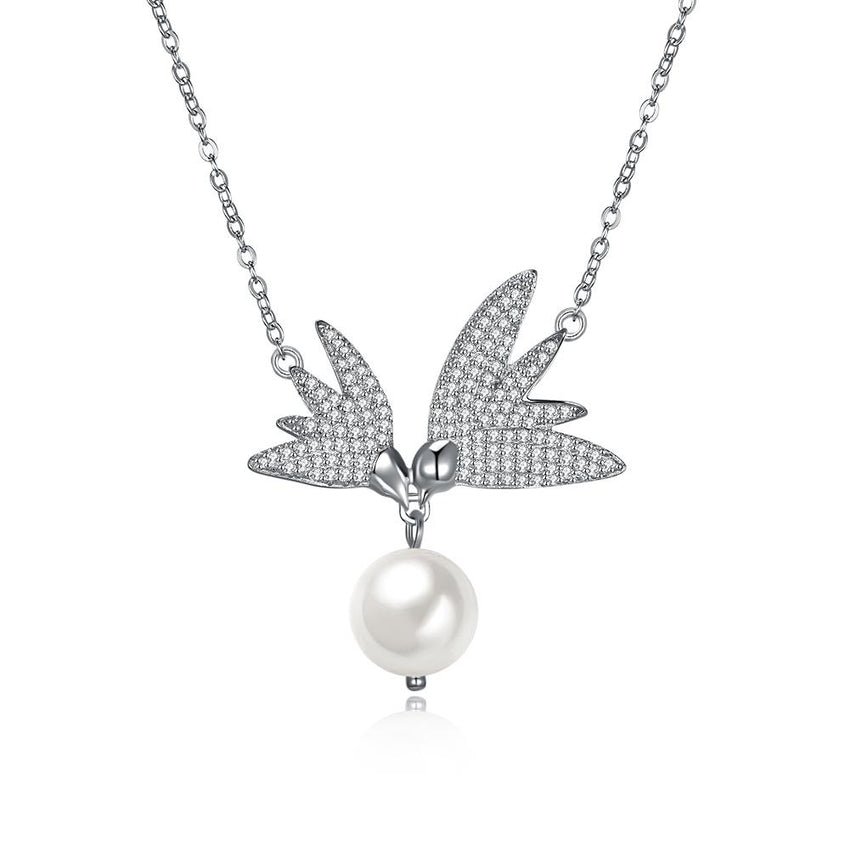 Pave  Swarovski Crystals Sterling Silver Flying Wings Pearl Necklace