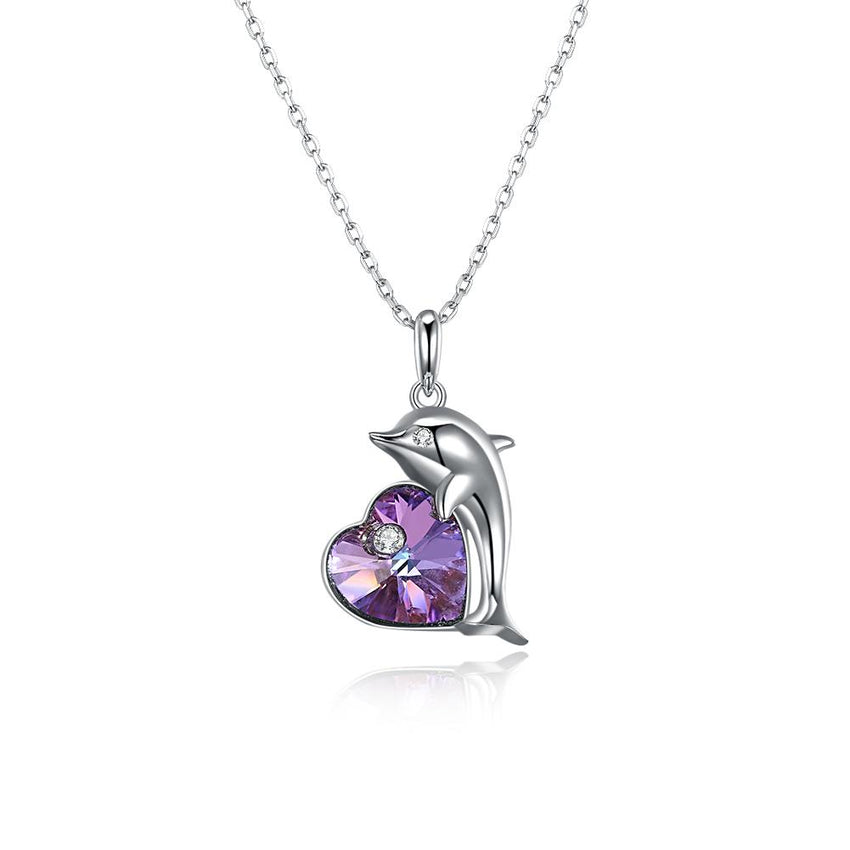 Purple Heart Dolphin Necklace in Sterling Silver with Swarovski Crystal