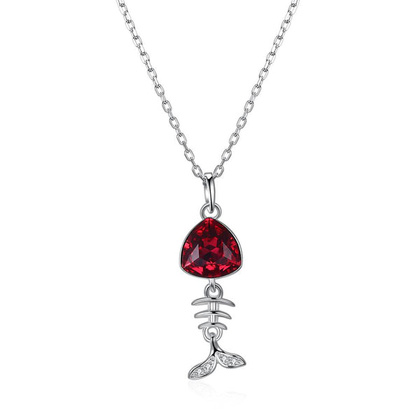 5.00 CT Ruby Stone Sterling Silver Swarovski Crystal Fish Necklace