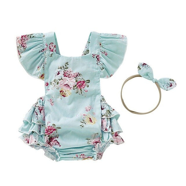 Cute Floral Baby Rompers Set with Headband