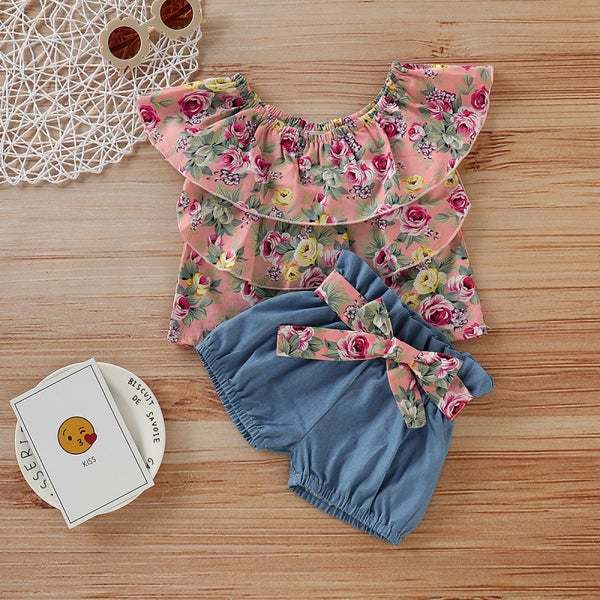 Floral Print Ruffle Tops And Shorts Set For Baby Girl