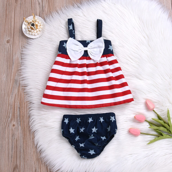 4th Of July Striped Bow Top And Shorts For Baby Girl