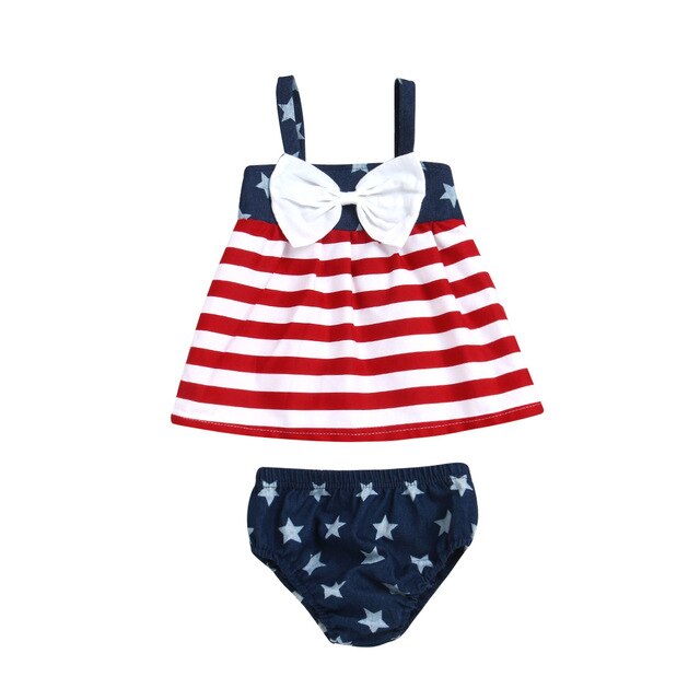 4th Of July Striped Bow Top And Shorts For Baby Girl