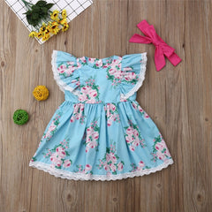 Summer Lace Floral Short Sleeve Blue Sundress