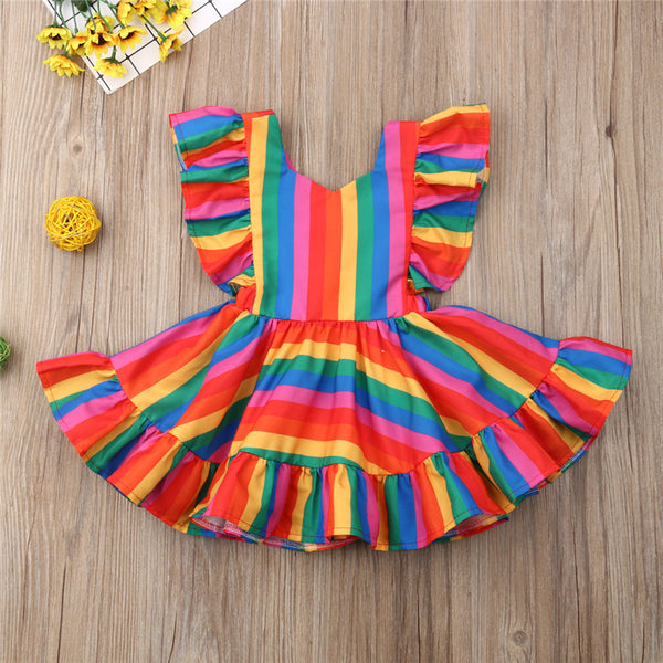 Summer Sleeveless Rainbow Striped Dress For Baby Girl