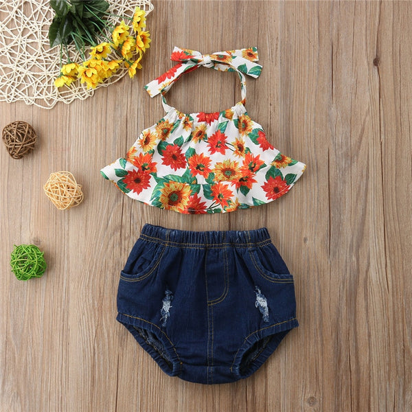 Summer Sunflower Halter Tops And Denim Shorts Set