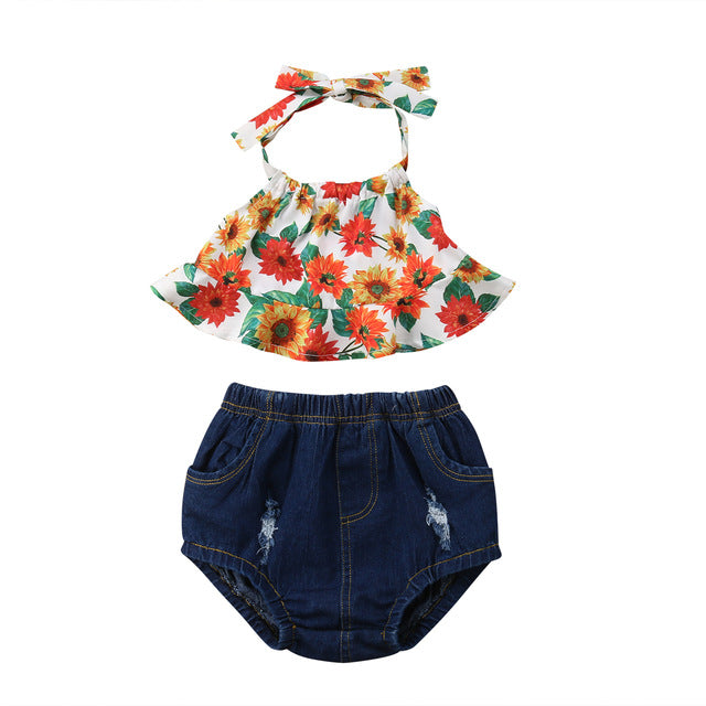 Summer Sunflower Halter Tops And Denim Shorts Set