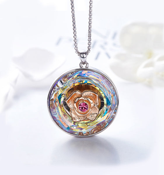 Swarovski Crystals Rainbow of the World Disc with Rose Necklace